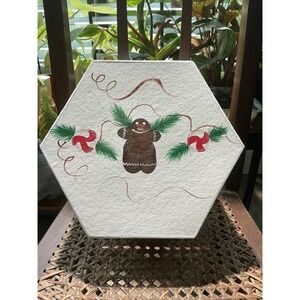 Hand Painted Hexagon Box‎ With Lid Gingerbread Man Christmas Decor, Signed